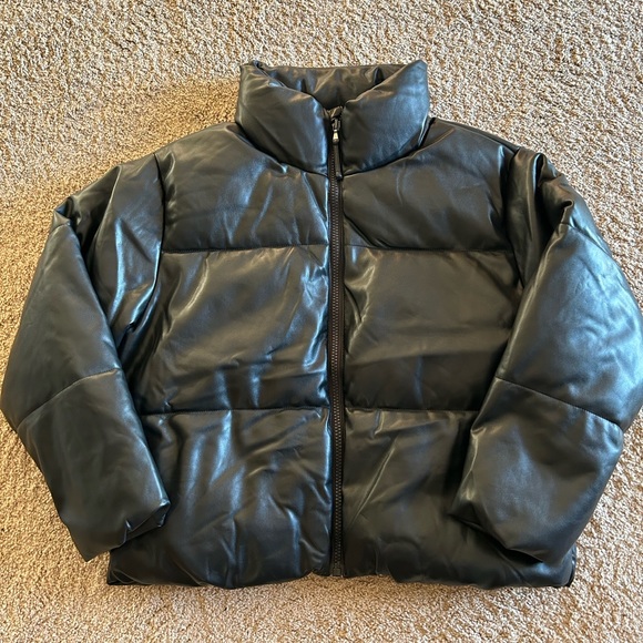 Faux Leather Black Puffer Puffy Winter Jacket - Picture 3 of 3